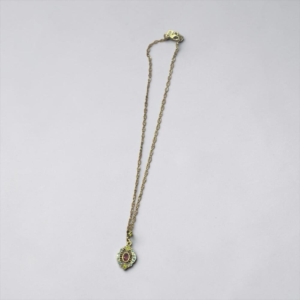 1928 Jewelry Pendant Necklace Gold Tone Pink Rhinestone Filigree Vintage 1990s